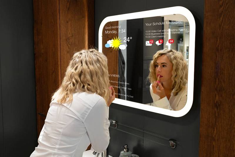 Woman,In,Bathroom,Using,Smart,Mirror