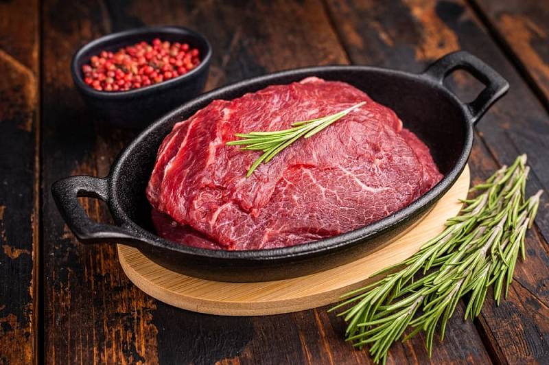 Ready,For,Cooking,Beef,Cheeks,,Raw,Meat,In,Skillet.,Wooden