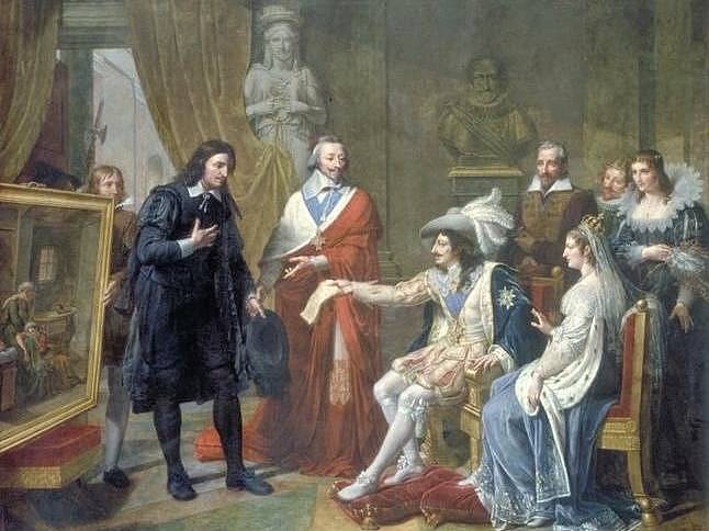 Obraz Jeana-Josepha Ansiauxe: Kardinál Richelieu představuje Poussina Ludvíku XIII.