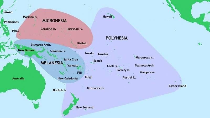 Hlavní kulturní oblasti Oceánie: Mikronésie, Melanésie a Polynésie.