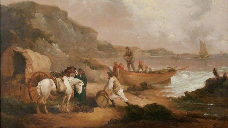 Zapadlé cornwallské zátoky nepřístupné po souši byly v 18. století oblíbenými skrýšemi pašeráků, což je zachyceno i na této rytině George Morlanda z roku 1793. az Pašeráci na pláži, autor George Morland (1763-1804)