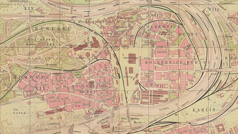 Ulice Na Maninách na mapě z poloviny 20. století: Praha XIX. Holešovice - Bubny, plán zobrazuje stav z druhé poloviny 40. let 20. století. Zpracováno na základě dat z Orientační knihy Velké Prahy, mapové listy 10, 11, 19 a 20.