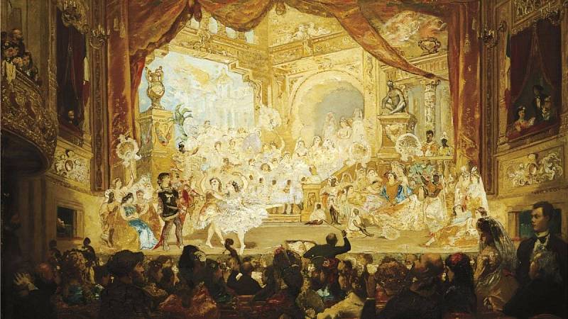Obraz francouzského umělce Jeana Seignemartina zachycující představení Fausta, ďábelské opery Charlese Gounoda.