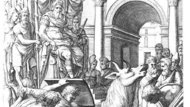 Phalaris odsuzuje sochaře Perilla k Bronzovému býkovi