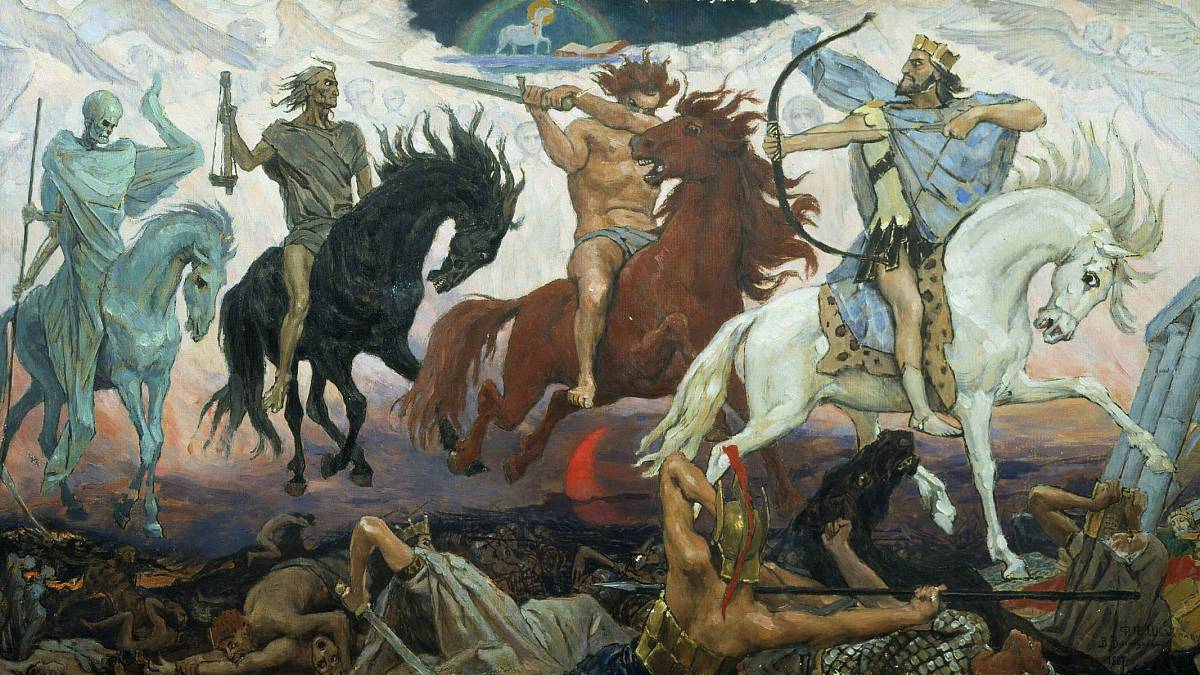 Čtyři jezdci Apokalypsy: Válka, Hladomor, Mor a Smrt. Biblická symbolika neštěstí a možného zničení světa