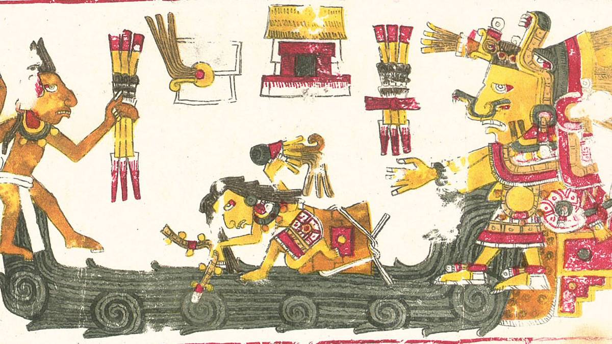 Paní v šatě zdobeném šperky, Chalchiuhtlicue. Aztécká bohyně, o kterou bylo nutno pečovat, aby nevyhladila celé civilizace