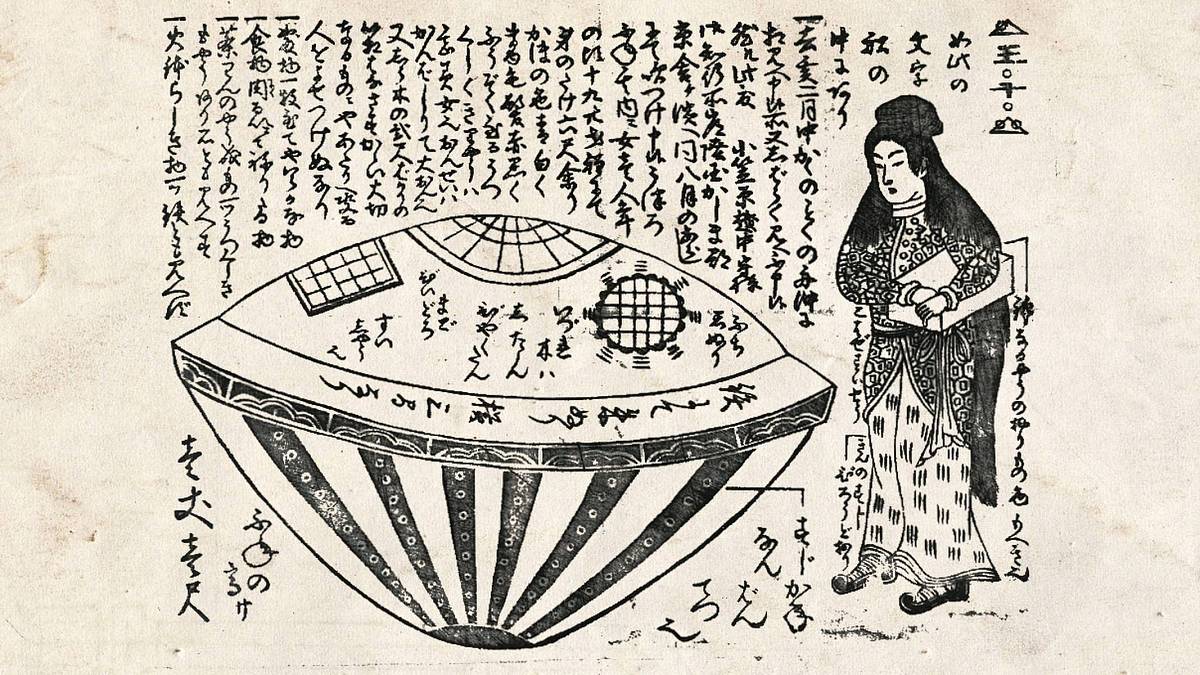 Příliv vyplavil zrzavou cizinku v duté lodi. Jedno z prvních pozorování UFO, potvrzují japonské archívy